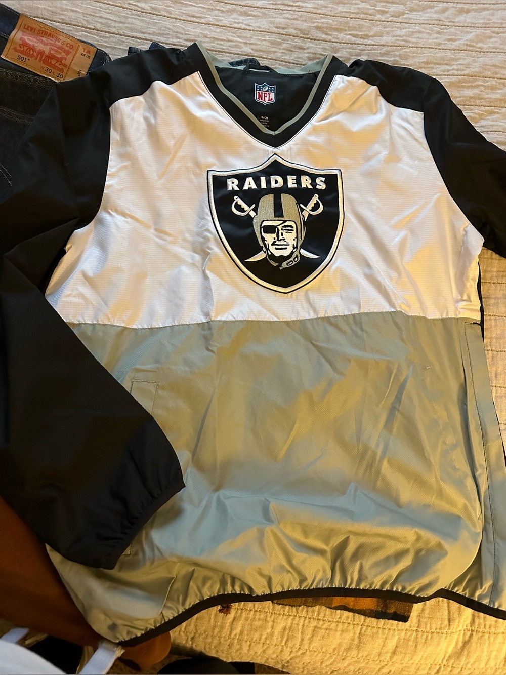 NFL Raiders Black White and Gray Colorblock Pullover Windbreaker